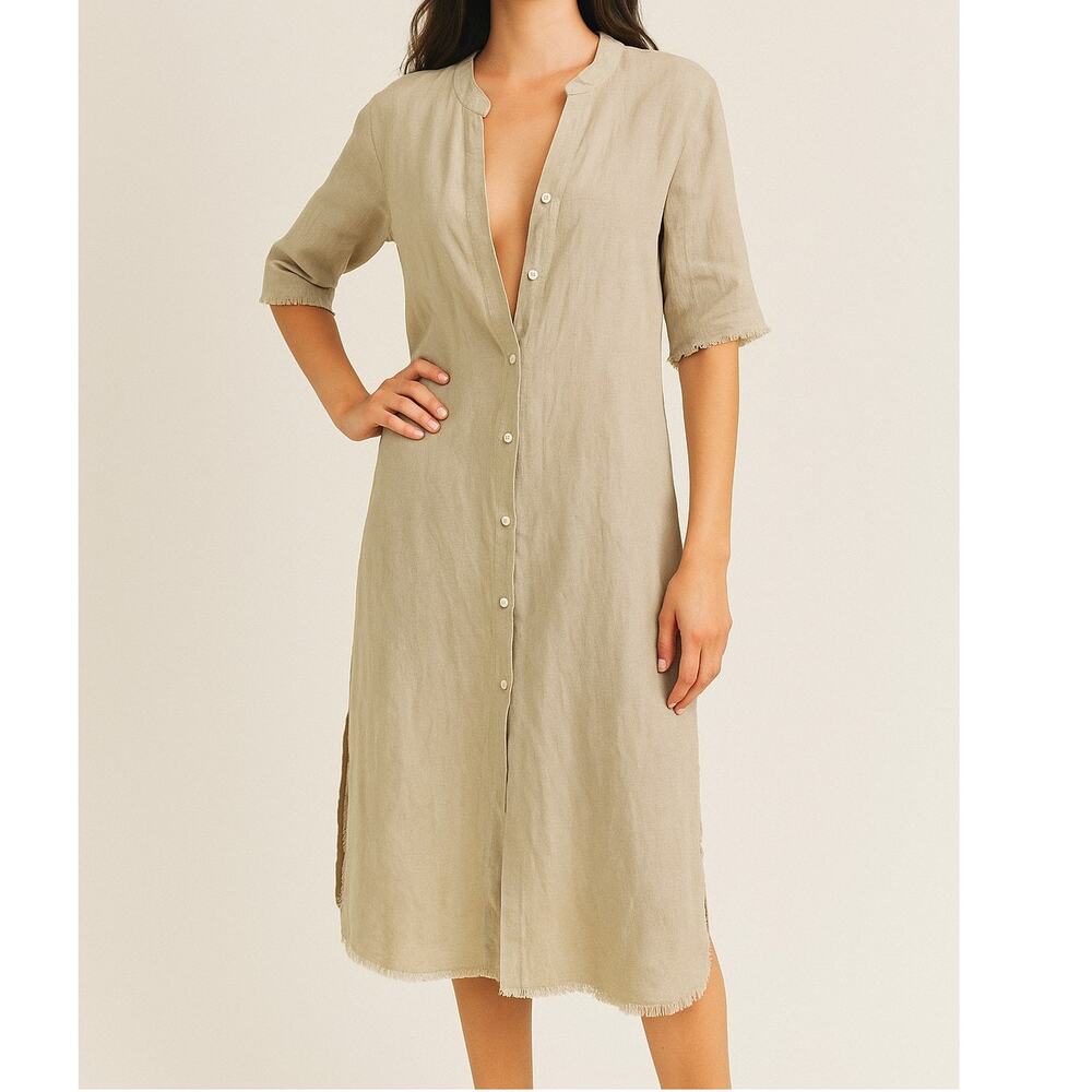 Jaga Carla Oat Linen Shirt Dress Fringe Hem Layered Lagenlook Resort Size 8 NWT